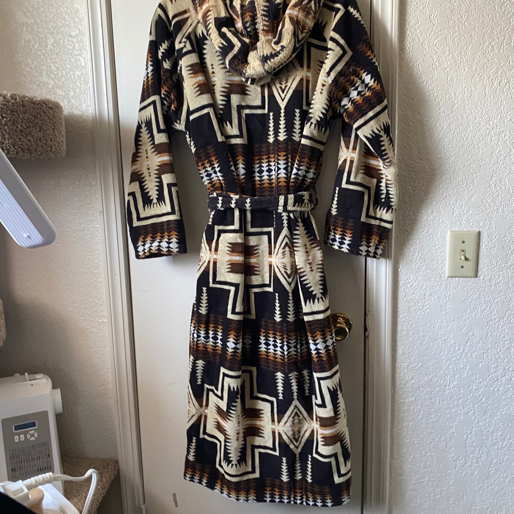 Pendleton Mens Harding Hooded Cotton Terry Robe Brown Tan Black S/M - Picture 11 of 11